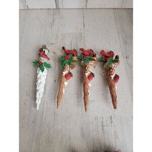 Red cardinal branch icicle bird family ornament set xmas